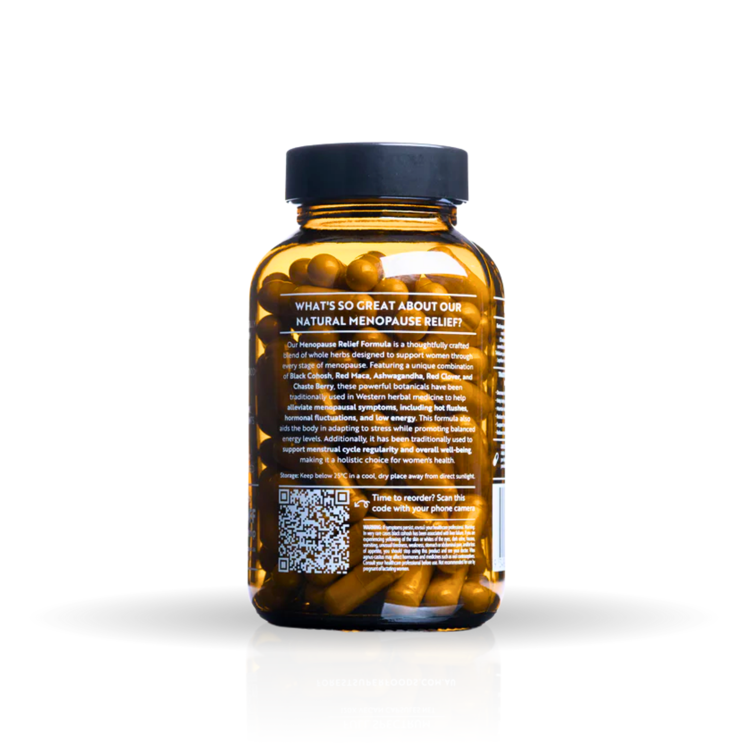 Natural Hormone Support amber bottle showing capsules and detailed menopause relief information on label