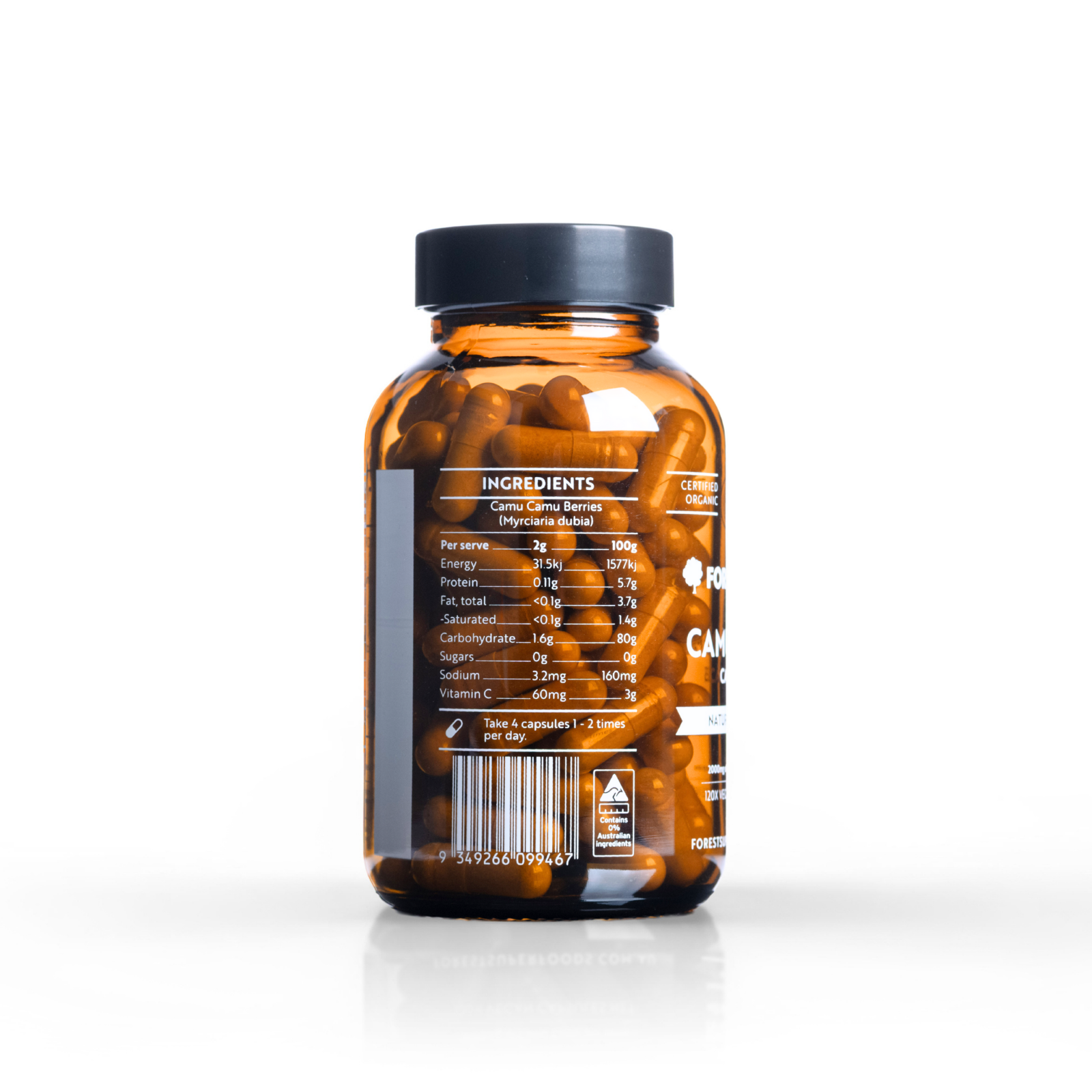 Back label of Certified Organic Camu Camu Berry Capsules bottle showing nutritional facts and Australian organic certification