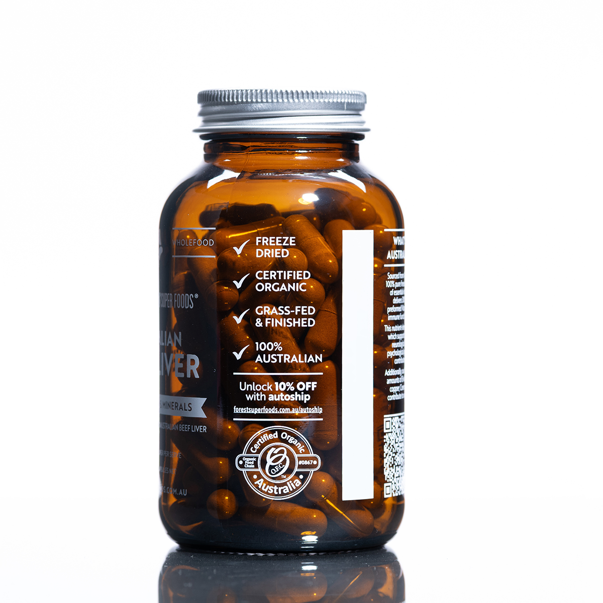 Australian Organic Beef Liver Capsules bottle showing freeze-dried, certified organic, and grass-fed Australian supplement features