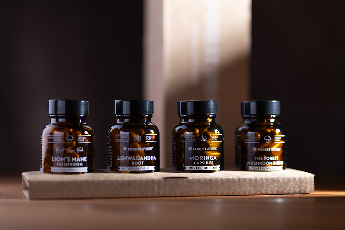 Bestseller Mini Set with four mini bottles of ashwagandha, lion's mane, moringa, and forest mushroom blend capsules