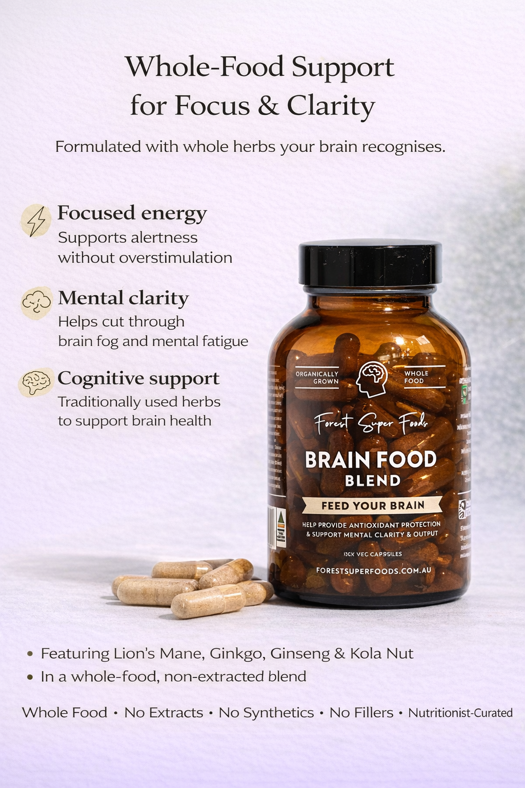 Brain Food bottle with capsules featuring organic Lion’s Mane, Ginkgo, Ginseng, and Kola Nut for brain clarity and focus
