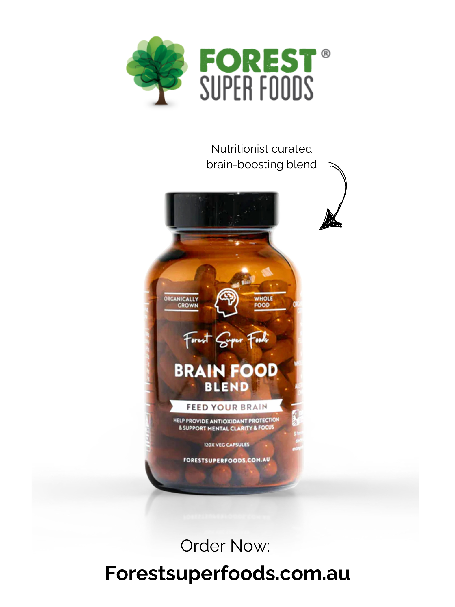 Brain Food bottle with 120 organic capsules by Forest Super Foods for mental clarity and cognitive support