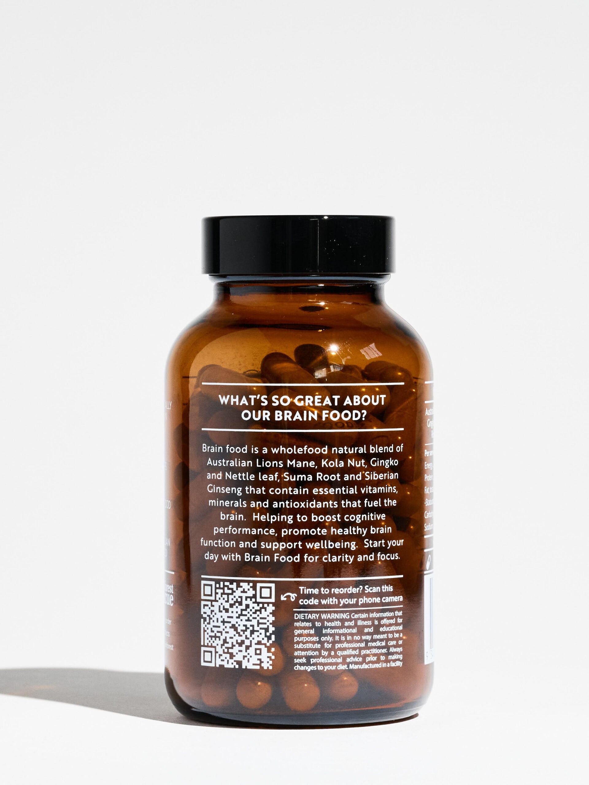 Brain Food bottle showing natural wholefood capsules with Lion’s Mane, Ginkgo, and Siberian Ginseng for focus and clarity