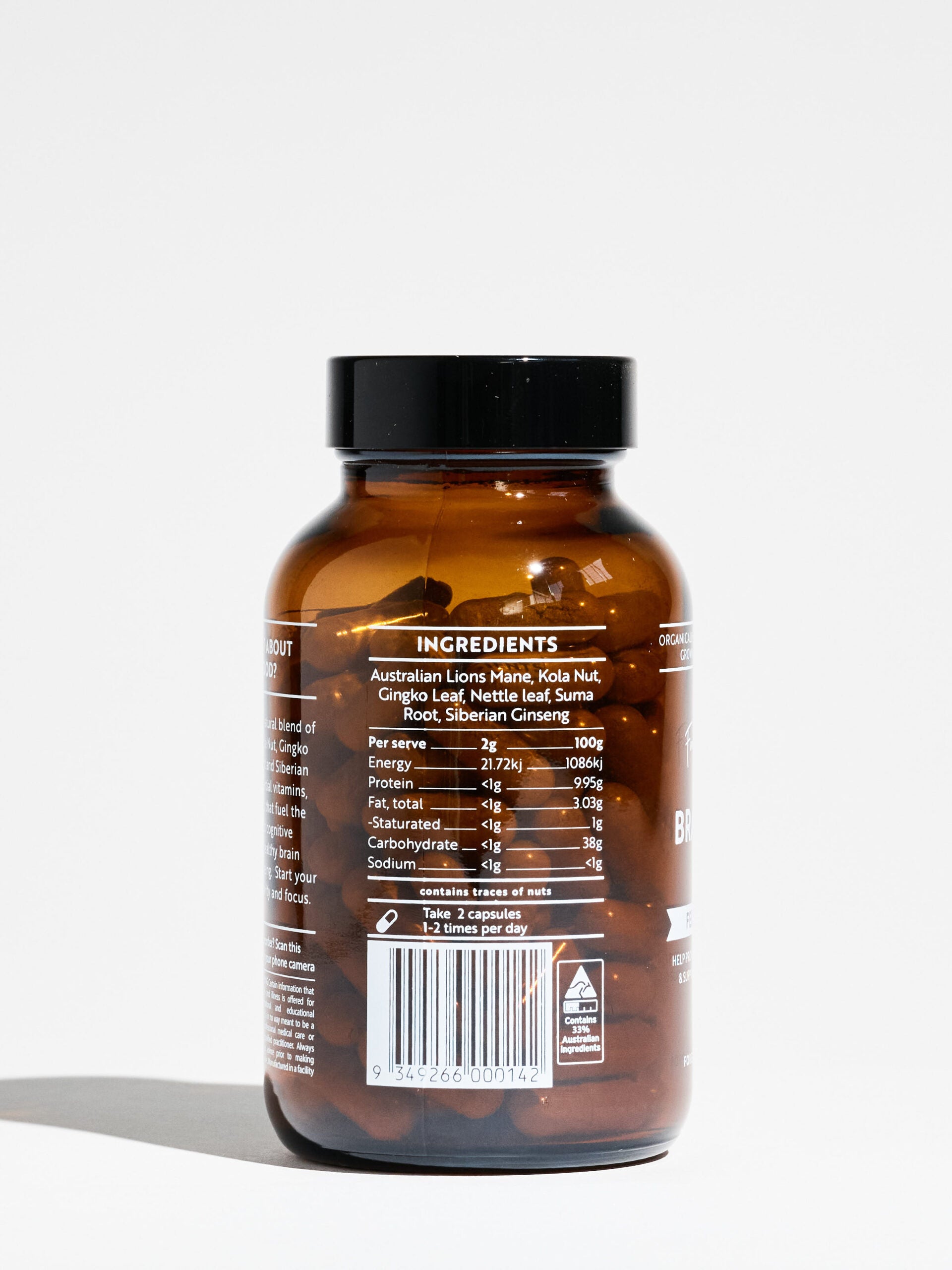 Brain Food bottle showing ingredient list with Australian Lions Mane, Kola Nut, Ginkgo Leaf, and Siberian Ginseng capsules