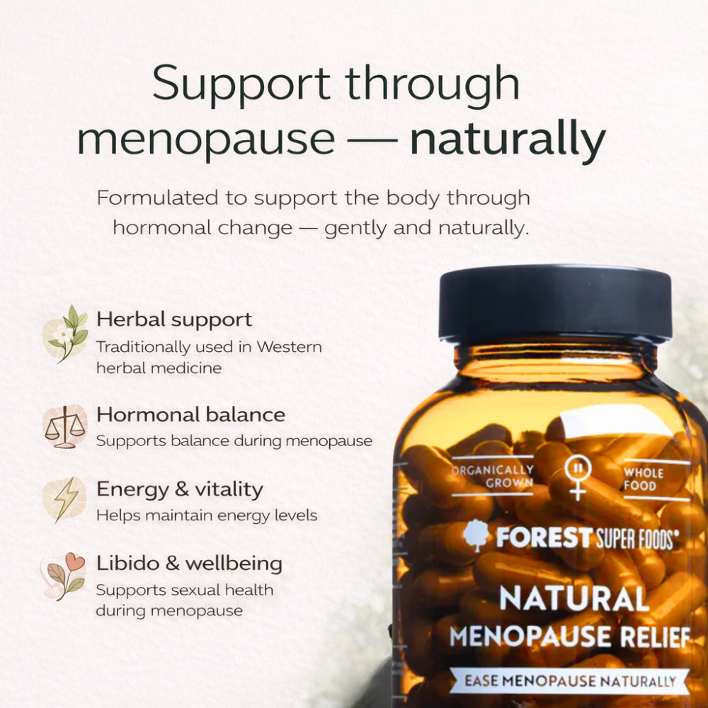 Natural Hormone Support bottle by Forest Super Foods easing menopausal symptoms with herbal balance and energy support capsules